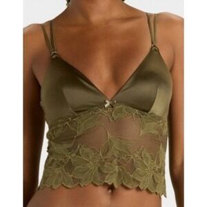 Auden Long Line Bralette Lingerie Medium pads Olive Green NEW Satin Lace Strappy